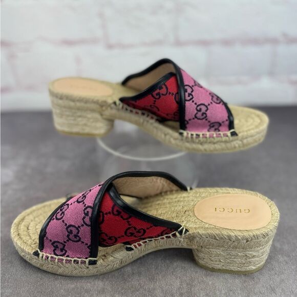 Gucci Multicolor Criss Cross Strap Red and Pink Espadrille Sandals Slides 37 - Picture 2 of 12